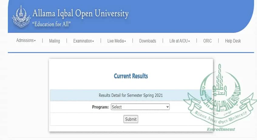 aiou bs program result,